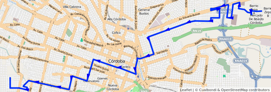 Mapa del recorrido 2 de la línea C (Amarillo) en Córdoba.