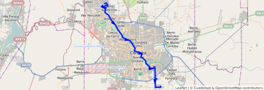 Mapa del recorrido 2 de la línea N (Naranja) en Córdoba.