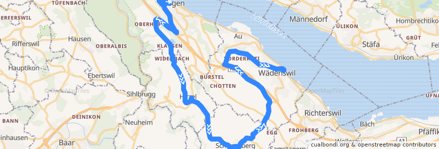 Mapa del recorrido Bus 150: Horgen, Bahnhof => Neubühl => Wädenswil, Bahnhof de la línea  en Bezirk Horgen.