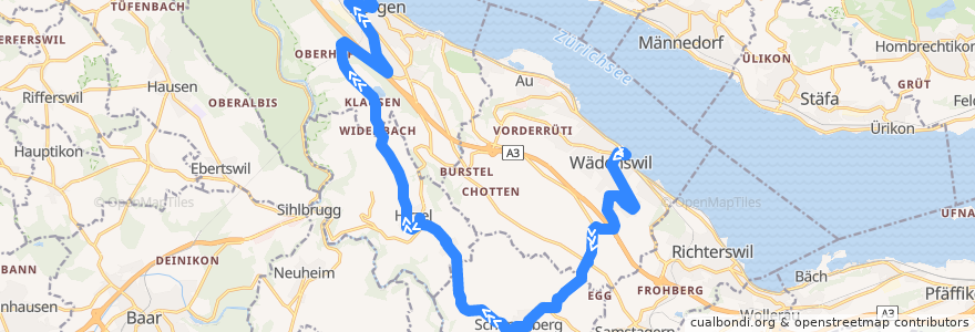 Mapa del recorrido Bus 150: Wädenswil, Bahnhof => Sandhof => Horgen, Bahnhof de la línea  en Bezirk Horgen.