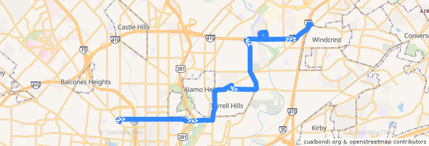 Mapa del recorrido Hildebrand de la línea  en San Antonio.