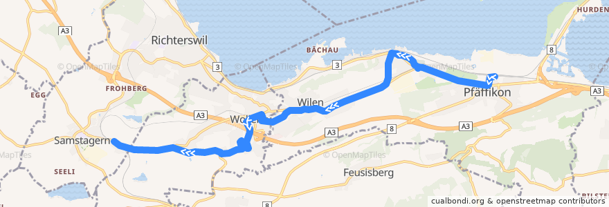 Mapa del recorrido Bus 180: Pfäffikon SZ, Bahnhof => Samstagern, Bahnhof de la línea  en Höfe.