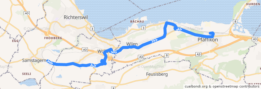 Mapa del recorrido Bus 180: Samstagern, Bahnhof => Pfäffikon SZ, Bahnhof de la línea  en Höfe.