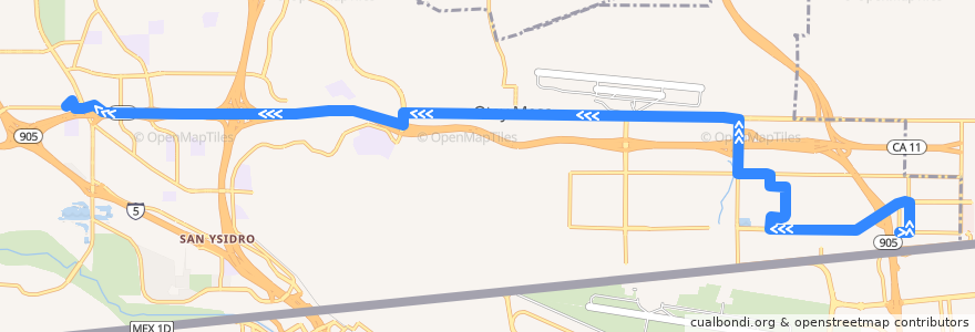 Mapa del recorrido MTS 905 (to Iris Avenue Transit Center) de la línea  en San Diego.