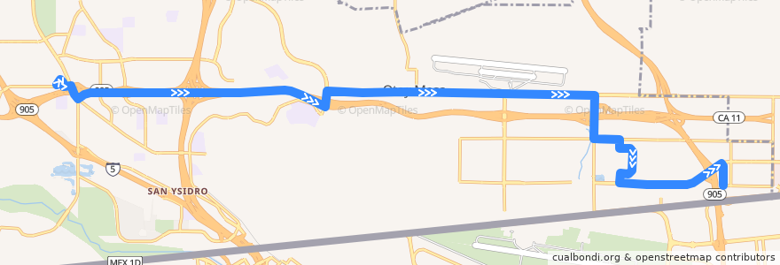 Mapa del recorrido MTS 905 (to Otay Mesa Port of Entry) de la línea  en San Diego.