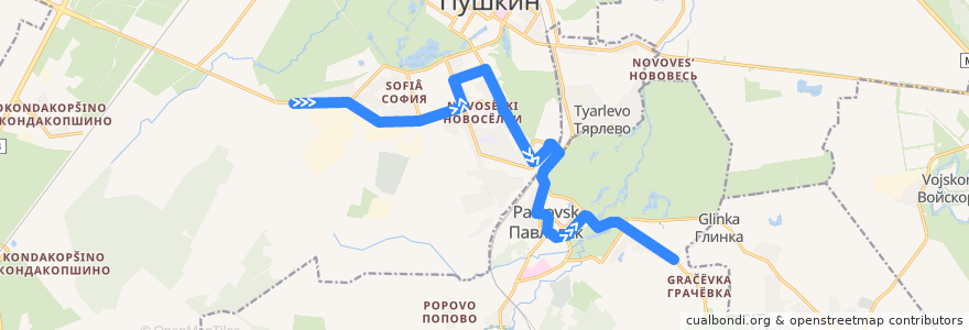 Mapa del recorrido Автобус № 372: Пушкин, Красносельское шоссе => Павловск, Звериницкая улица de la línea  en 普希金区.