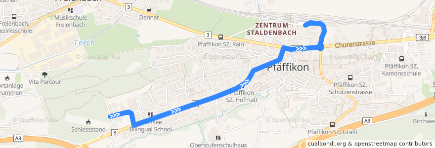 Mapa del recorrido Bus 188: Pfäffikon SZ, Roggenacker => Pfäffikon SZ, Bahnhof de la línea  en Freienbach.