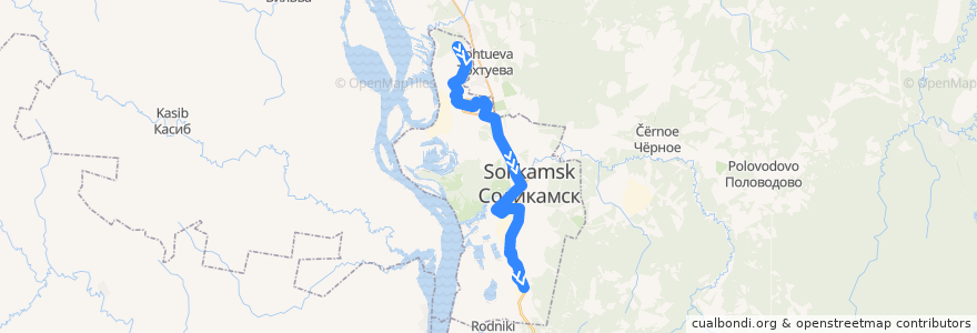 Mapa del recorrido Автобус №35: РУ-2 (Южная) - Автостанция (Центр) - Пос. Мишарино de la línea  en Соликамский городской округ.