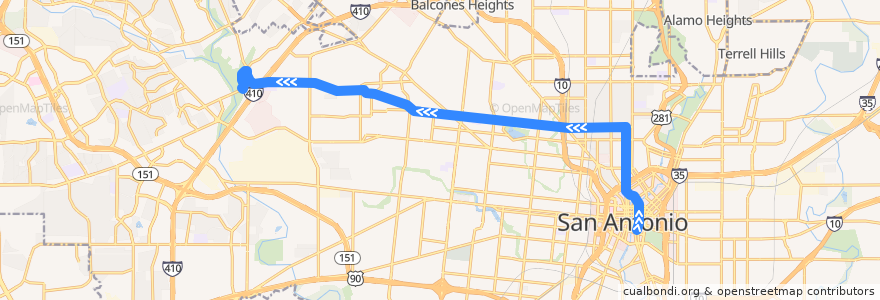 Mapa del recorrido Woodlawn de la línea  en Сан-Антонио.