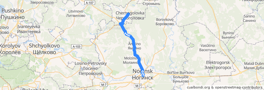 Mapa del recorrido Автобус 24э: Ногинск — Черноголовка de la línea  en Московская область.