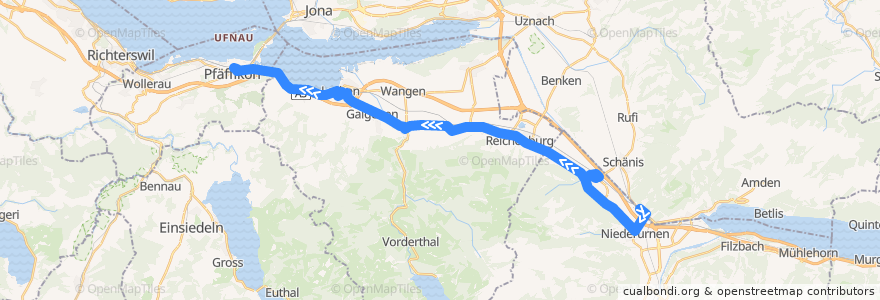 Mapa del recorrido Bus 524: Ziegelbrücke, Bahnhof Süd => Pfäffikon SZ, Bahnhof de la línea  en March.