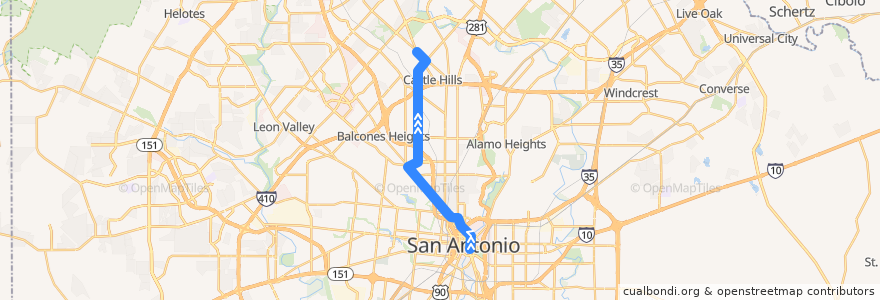Mapa del recorrido West Avenue de la línea  en San Antonio.