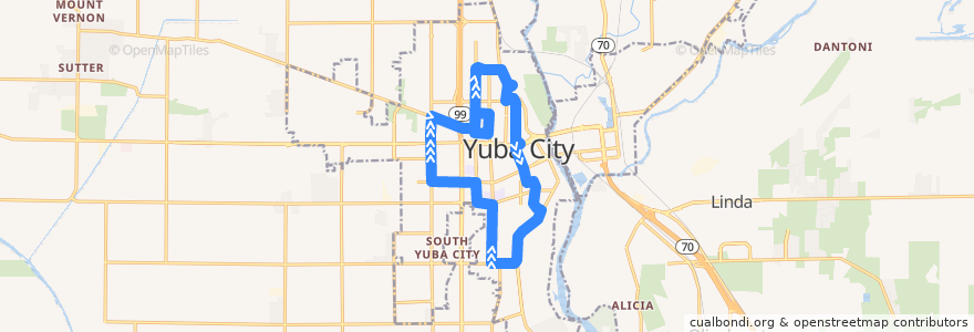 Mapa del recorrido Yuba City Loop (Clockwise) de la línea  en Yuba City.