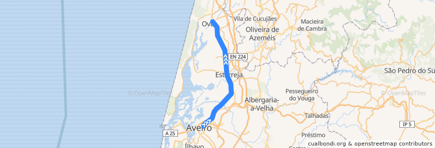 Mapa del recorrido Aveiro > Ovar (Linha do Norte, Lisboa > Porto) - Linha 1 de la línea  en Aveiro.