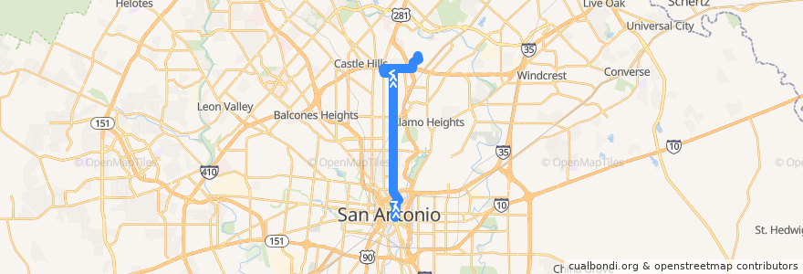 Mapa del recorrido McCullough de la línea  en San Antonio.
