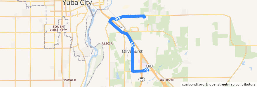 Mapa del recorrido Olivehurst - Yuba College de la línea  en Yuba County.