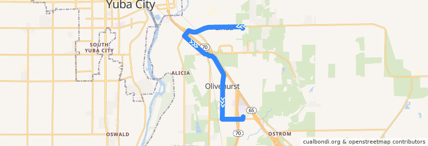 Mapa del recorrido Olivehurst - Yuba College de la línea  en Yuba County.