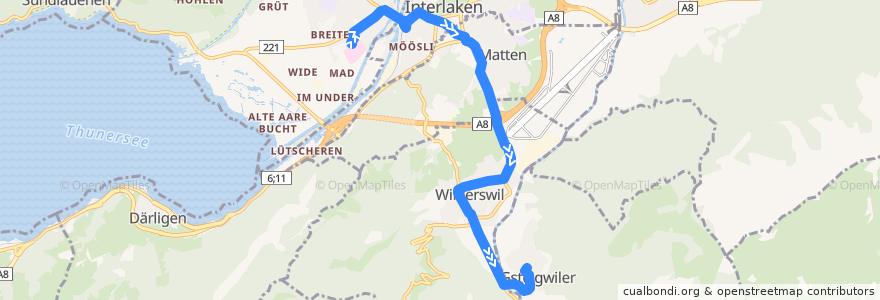 Mapa del recorrido Bus 105: Unterseen, Spital => Gsteigwiler, Dorf de la línea  en Verwaltungskreis Interlaken-Oberhasli.