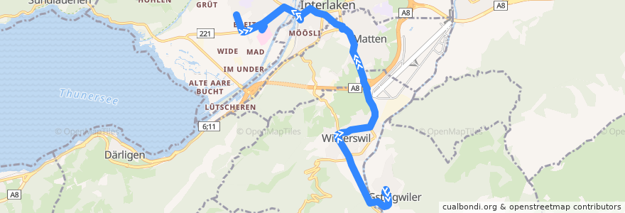 Mapa del recorrido Bus 105: Gsteigwiler, Dorf => Unterseen, Spital de la línea  en Interlaken-Oberhasli administrative district.