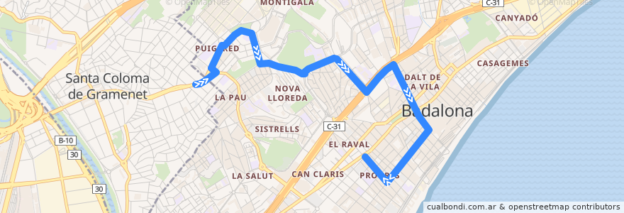 Mapa del recorrido M1 STA. COLOMA DE G. (METRO FONDO) - BADALONA (METRO PEP VENTURA) de la línea  en Badalona.