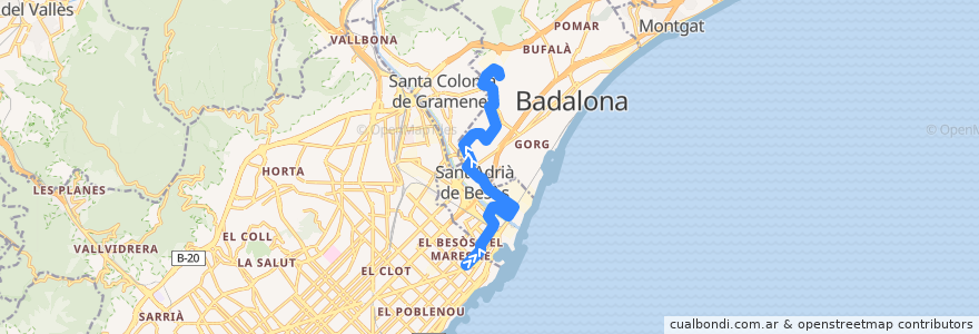 Mapa del recorrido B23 BARCELONA (DIAGONAL MAR) - BADALONA (MONTIGALÀ) de la línea  en Barcelonès.