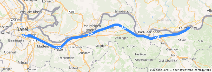 Mapa del recorrido S1: Basel SBB => Laufenburg de la línea  en Suíça.