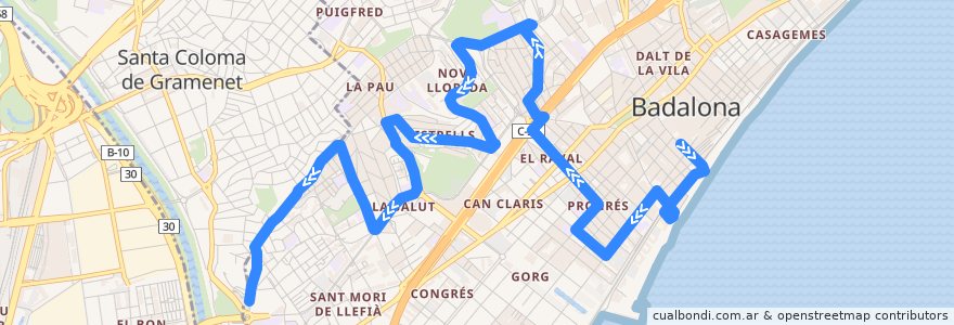 Mapa del recorrido B5 Estació Rodalies (Badalona) - Hospital Esperit Sant (Santa Coloma de Gramenet) de la línea  en Badalona.