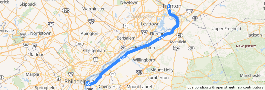 Mapa del recorrido River Line: Camden → Trenton de la línea  en New Jersey.