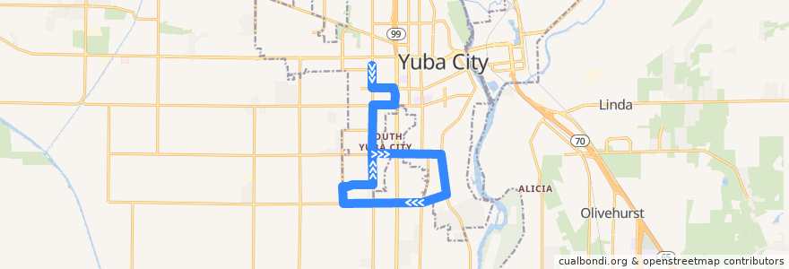 Mapa del recorrido Southwest Yuba City de la línea  en Sutter County.