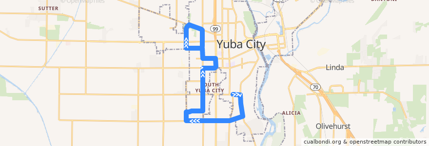 Mapa del recorrido Southwest Yuba City de la línea  en Sutter County.