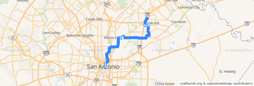 Mapa del recorrido North Saint Mary's de la línea  en San Antonio.