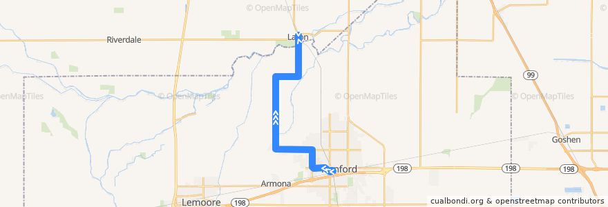 Mapa del recorrido Hanford - Laton de la línea  en Kings County.