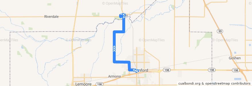Mapa del recorrido Hanford - Laton de la línea  en Kings County.