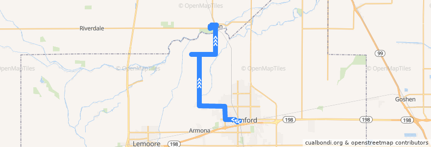 Mapa del recorrido Hanford - Laton de la línea  en Kings County.