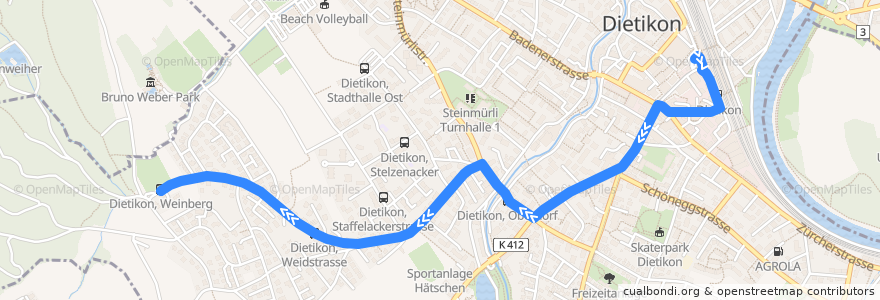 Mapa del recorrido Bus 325: Dietikon, Bahnhof → Weinberg de la línea  en Dietikon.