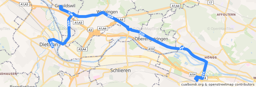 Mapa del recorrido Bus 304: Dietikon, Bahnhof → Zürich, Bahnhof Altstetten Nord de la línea  en 취리히.