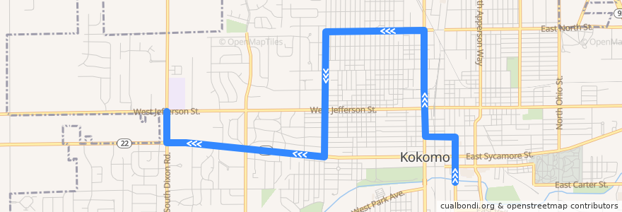 Mapa del recorrido City Line Trolley - Blue Route de la línea  en Kokomo.