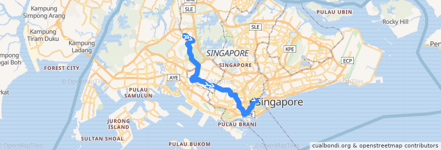 Mapa del recorrido Svc 75 (Bukit Panjang Temporary Bus Park => Pan Pacific Hotel) de la línea  en Singapur.
