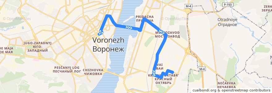 Mapa del recorrido Автобус №2Н: Кинотеатр Спартак - Институт de la línea  en городской округ Воронеж.