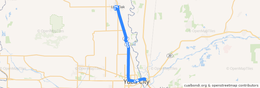 Mapa del recorrido Live Oak de la línea  en Sutter County.