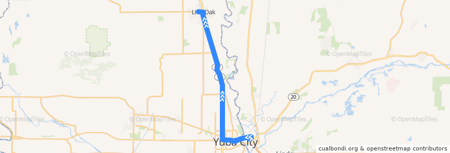 Mapa del recorrido Live Oak de la línea  en Sutter County.