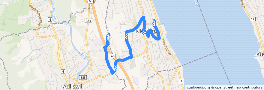 Mapa del recorrido Bus 162: Kilchberg ZH, Bahnhof → Kilchberg ZH, Spital de la línea  en Bezirk Horgen.