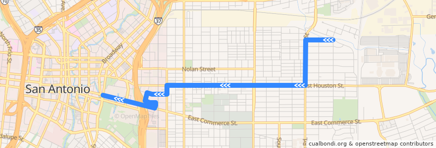 Mapa del recorrido East Houston Frequent de la línea  en San Antonio.