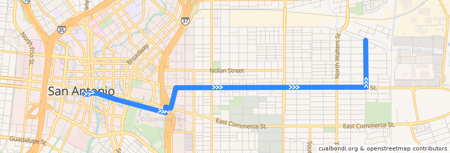 Mapa del recorrido East Houston Frequent de la línea  en San Antonio.