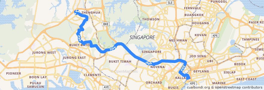 Mapa del recorrido Svc 985 (Choa Chu Kang Interchange => Lorong 1 Geylang Terminal) de la línea  en 新加坡.