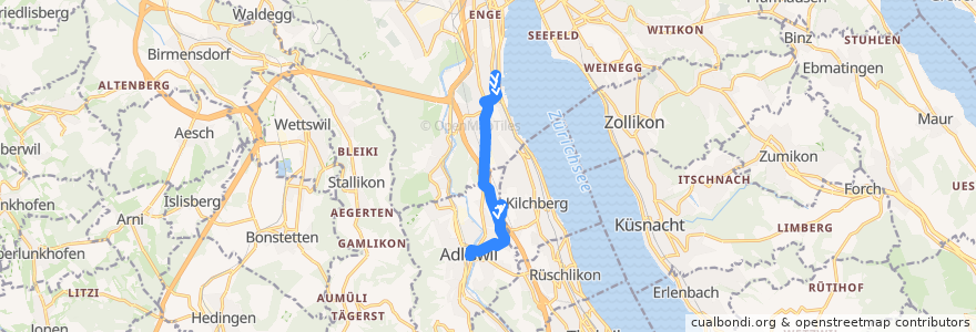 Mapa del recorrido Bus 185: Zürich, Bahnhof Wollishofen → Adliswil, Bahnhof de la línea  en Zurique.