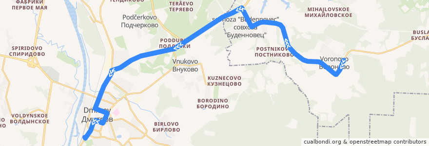 Mapa del recorrido Автобус №53: Вороново - Дмитров de la línea  en Дмитровский городской округ.