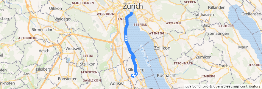 Mapa del recorrido Bus 161: Kilchberg ZH, Kirche → Zürich, Bürkliplatz de la línea  en Zürih.