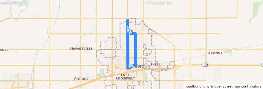 Mapa del recorrido North Hanford de la línea  en Hanford.