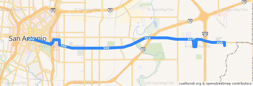 Mapa del recorrido East Commerce Frequent de la línea  en Сан-Антонио.